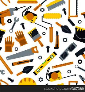 Illustrations for work shop. Different construction tools. Repair set. Vector seamless pattern in flat style. Equipment industrial hammer and saw seamless pattern. Illustrations for work shop. Different construction tools. Repair set. Vector seamless pattern in flat style