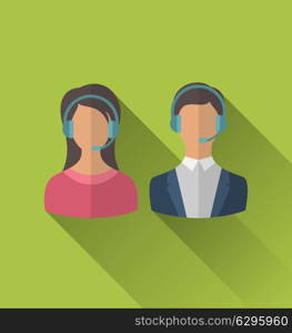 Illustrations icons of male and female avatars for operators call center or support service, modern flat style with long shadows - vector