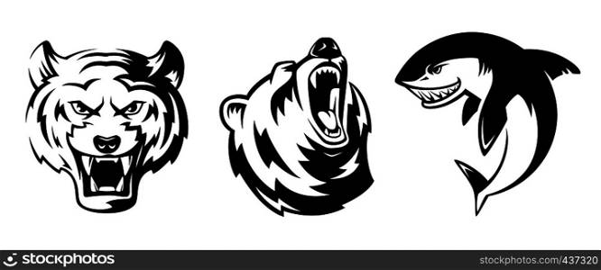 Illustrations of animals for sport badges. Grizzly, tiger and shark. Vector labels tattoo set isolate head bear and fish for sport logo. Illustrations of animals for sport badges. Grizzly, tiger and shark. Vector labels set isolate