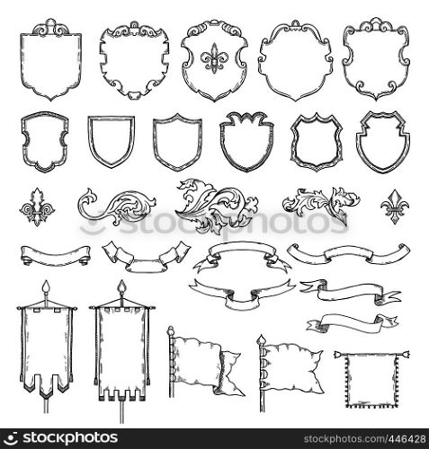 Illustrations of armed medieval vintage shields. Vector heraldic frames and ribbons. Shield and ribbon, heraldic frame medieval shields. Illustrations of armed medieval vintage shields. Vector heraldic frames and ribbons