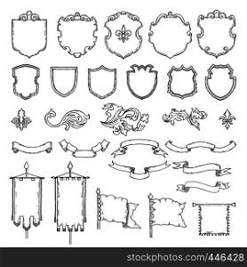 Illustrations of armed medieval vintage shields. Vector heraldic frames and ribbons. Shield and ribbon, heraldic frame medieval shields. Illustrations of armed medieval vintage shields. Vector heraldic frames and ribbons