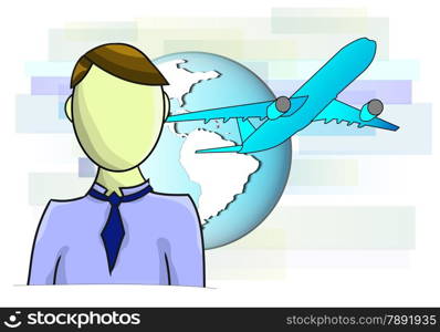 Illustrations of business man with airplane and globe
