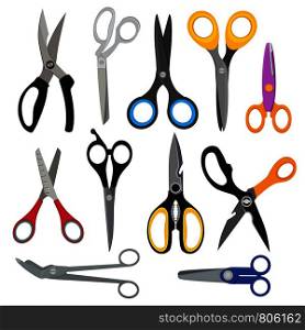 Illustrations of colored scissors. Vector pictures set in flat style. Scissor for hairdressing, sharp tools, shears accessories. Illustrations of colored scissors. Vector pictures set in flat style