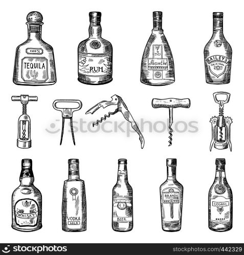 Illustrations of corkscrew and different wine bottles. Alcohol tequila and rum, absinthe and baileys, cognac and whisky vector. Illustrations of corkscrew and different wine bottles