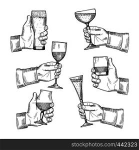 Illustrations of different alcoholic drinking glasses in hands. Vector hand drawn pictures isolate. Alcohol drink toast, beverage in engraving glass. Illustrations of different alcoholic drinking glasses in hands. Vector hand drawn pictures isolate