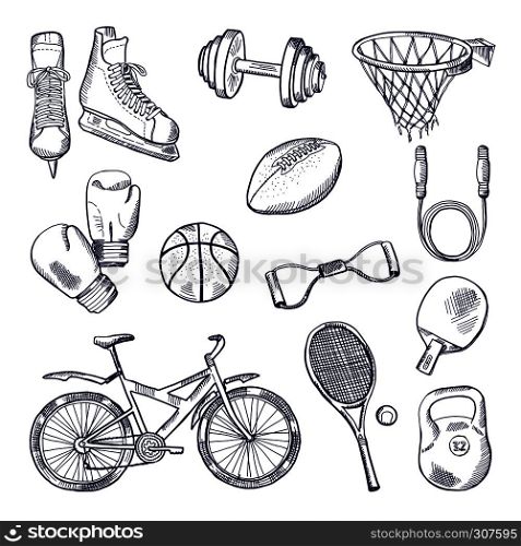 Illustrations of different sports fitness equipment. Vector doodle icons set. Ball and weight, bicycle and basketball. Illustrations of different sports fitness equipment. Vector doodle icons set