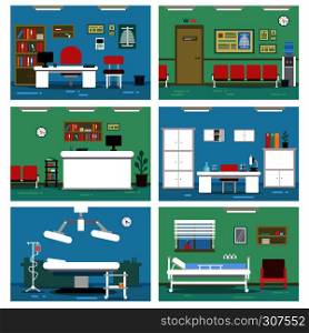 Illustrations of empty medical offices. Different rooms in hospital. Vector pictures set. Medical room with equipment, interior of reception room. Illustrations of empty medical offices. Different rooms in hospital. Vector pictures set