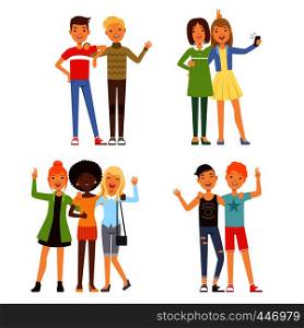 Illustrations of friendship. Different male and female friends. Friendly groups people together, young different friends character vector. Illustrations of friendship. Different male and female friends. Friendly groups
