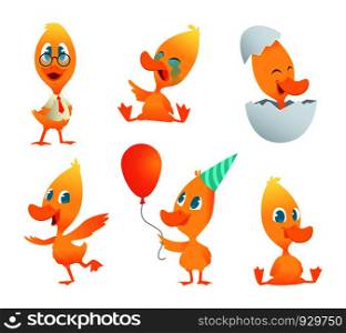 Illustrations of funny duck. Vector cartoon animals in action poses. Duck bird pose, yellow character duckling collection. Illustrations of funny duck. Vector cartoon animals in action poses