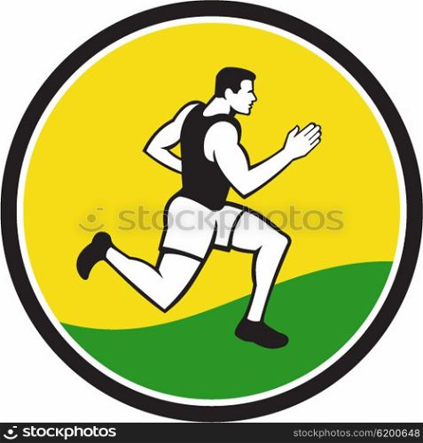Illustrations of male marathon triathlete runner running viewed from the side set inside circle on isolated background done in retro style.. Marathon Runner Circle Retro