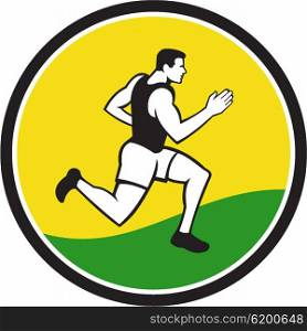 Illustrations of male marathon triathlete runner running viewed from the side set inside circle on isolated background done in retro style.. Marathon Runner Circle Retro