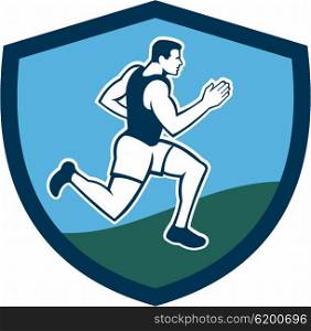 Illustrations of male marathon triathlete runner running viewed from the side set inside circle on isolated background done in retro style.. Marathon Runner Crest Retro