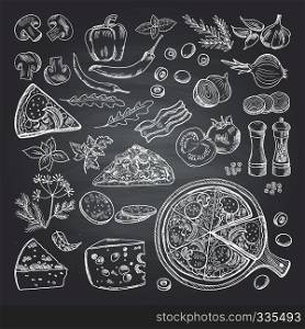 Illustrations of pizza ingredients on black chalkboard. Pictures set of italian kitchen. Italian food pizza, restaurant menu sketch with ingredient vector. Illustrations of pizza ingredients on black chalkboard. Pictures set of italian kitchen
