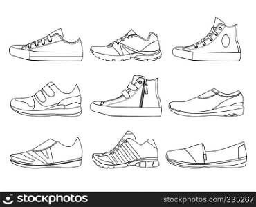 Illustrations of teenage shoes in linear style. Vector pictures of boots and sneakers. Set of shoes teenage linear style. Illustrations of teenage shoes in linear style. Vector pictures of boots and sneakers