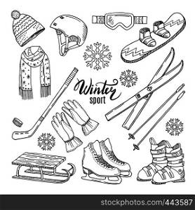 Illustrations of winter sport. Scarf, gloves, ski and others. Winter sport ski and snowboard, helmet and skates vector. Illustrations of winter sport. Scarf, gloves, ski and others