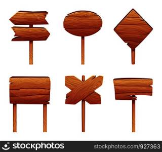 Illustrations of wooden signboards in cartoon style. Signboard wooden blank, plank banner empty vector. Illustrations of wooden signboards in cartoon style
