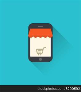 Illustrations online shopping on smartphone via modern communication technology, flat modern design style - vector