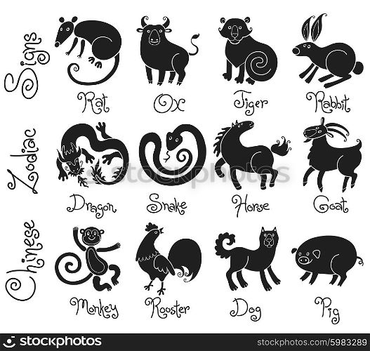 Illustrations or icons of all twelve Chinese zodiac animals. Vector illustration.