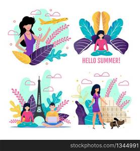 Illustrations Set Devoting to Summer Vacation and Europe Voyage. Cartoon Flat People Characters Doing Different Activities. Tourists Walking, Meditating and Doing Social Network. Vector Illustration. Illustrations Set Devoting to Summer Vacation