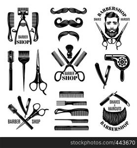 Illustrations set of different barber shop tools. Symbols for badges and labels. Barber shop and hair salon for man badge vector. Illustrations set of different barber shop tools. Symbols for badges and labels