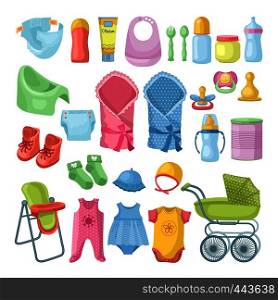 Illustrations set of newborn stuff. Different pictures set in cartoon style. Child and baby wear toy, accessory for newborn baby vector. Illustrations set of newborn stuff. Different pictures set in cartoon style