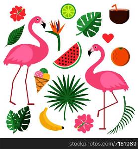 Illustrations with summer symbols. Tropical fruits and flowers. Vector orange and ice cream, flamingo bird and plant palm leaf. Illustrations with summer symbols. Tropical fruits and flowers