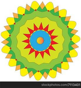 illustrative and decorative colorful orange, yellow and green abstract mandala vector, a mix of geometrical art design and repeated pattern, round circles, perfect for coloring pages, greeting card and christmas, wedding party then henna tattoos. also helpful in yoga and meditation