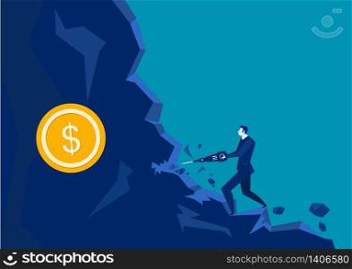 illustrator Businessman digging tool in the rock with coin