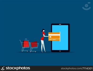 illustrator lady shopping with pay creadit card via mobile vector.