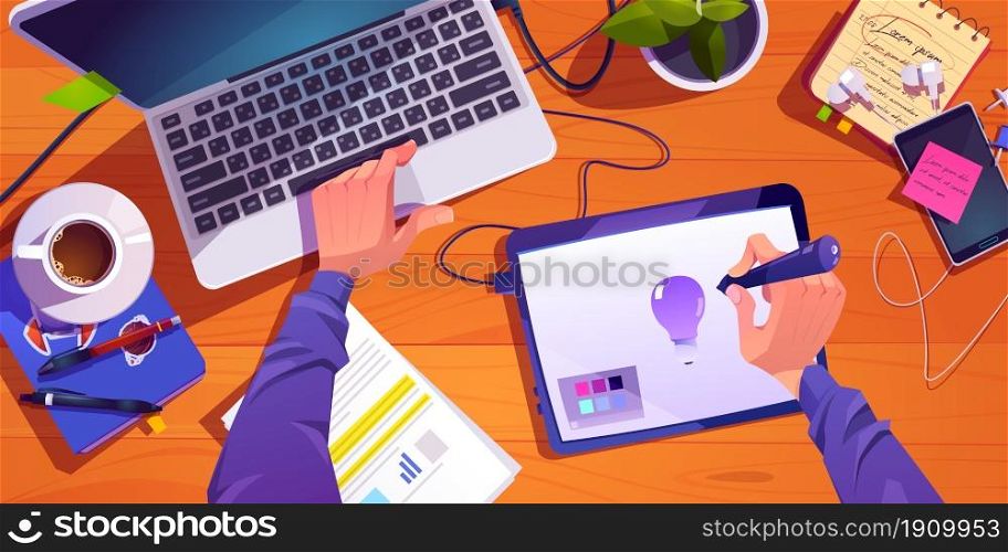 Illustrator or designer working process at workplace top view, male hands painting on digital tablet and laptop, develop creative project, graphic design artist profession, Cartoon vector illustration. Illustrator designer working process at workplace