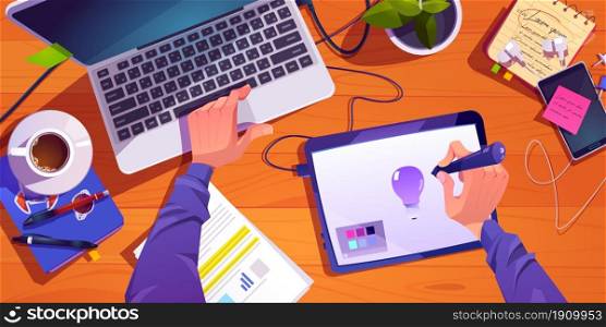 Illustrator or designer working process at workplace top view, male hands painting on digital tablet and laptop, develop creative project, graphic design artist profession, Cartoon vector illustration. Illustrator designer working process at workplace