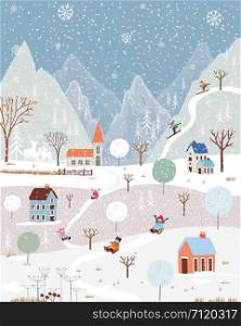 Illustrator winter landscape,Vector of horizontal banner of winter wonderland at countryside with snow covering, Happy with kids sledding in the winter park and couple with skiing on the mountain
