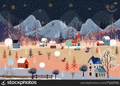 Illustrator winter landscape,Vector of horizontal banner of winter wonderland at countryside with snow covering, Happy with kids sledding in the winter park and couple with skiing on the mountain
