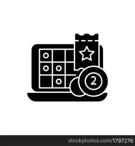 iLottery black glyph icon. Online gaming websites. Playing lottery from computer. Virtually spinning wheel. Electronic tickets. Silhouette symbol on white space. Vector isolated illustration. iLottery black glyph icon