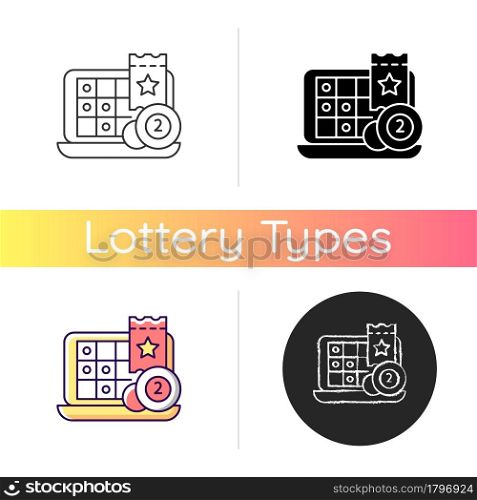 iLottery icon. Online gaming websites. Playing lottery from smartphone, computer. Virtually spinning wheel. Electronic tickets. Linear black and RGB color styles. Isolated vector illustrations. iLottery icon