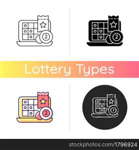iLottery icon. Online gaming websites. Playing lottery from smartphone, computer. Virtually spinning wheel. Electronic tickets. Linear black and RGB color styles. Isolated vector illustrations. iLottery icon