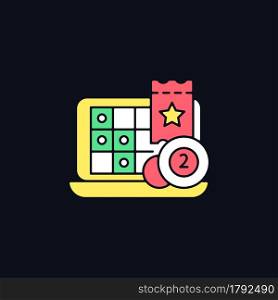 iLottery RGB color icon for dark theme. Gaming websites. Playing lottery from computer. Electronic tickets. Isolated vector illustration on night mode background. Simple filled line drawing on black. iLottery RGB color icon for dark theme