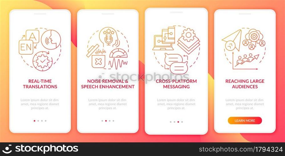 IM advanced feature red onboarding mobile app page screen. Cross platform messaging walkthrough 4 steps graphic instructions with concepts. UI, UX, GUI vector template with linear color illustrations. IM advanced feature red onboarding mobile app page screen