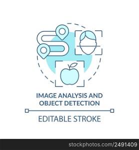 Image analysis and object detection turquoise concept icon. Use of machine learning abstract idea thin line illustration. Isolated outline drawing. Editable stroke. Arial, Myriad Pro-Bold fonts used. Image analysis and object detection turquoise concept icon