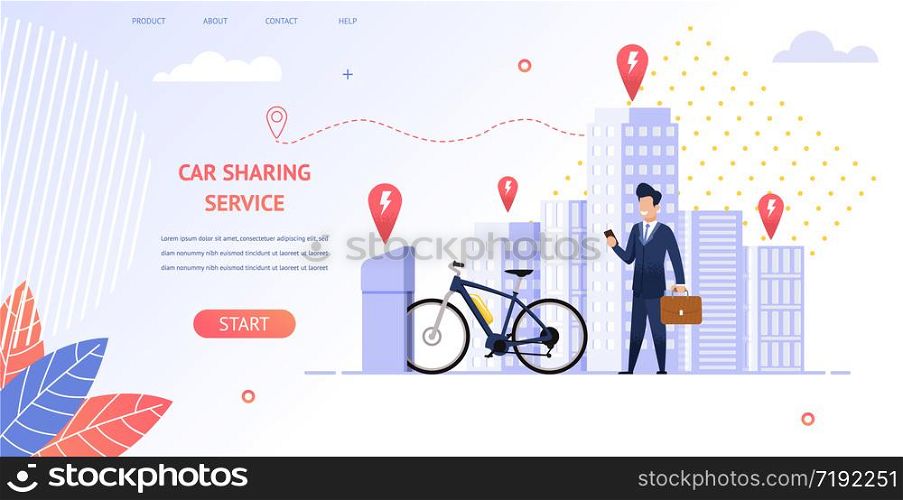 Image Businessman Rent an Electric Bike for Trip. Banner Vector Illustration Young Man in Suit Using Mobile Application Car Sharing Service. Bike Vehicle Catch Business Meeting. Bike Charging Station