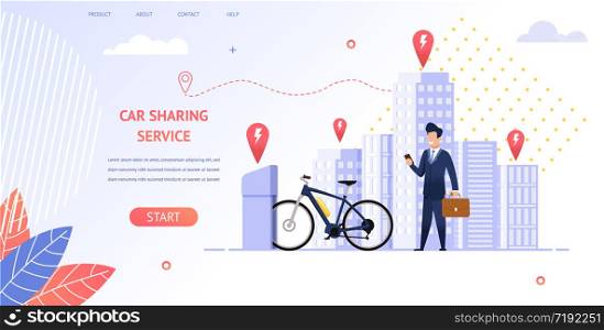 Image Businessman Rent an Electric Bike for Trip. Banner Vector Illustration Young Man in Suit Using Mobile Application Car Sharing Service. Bike Vehicle Catch Business Meeting. Bike Charging Station