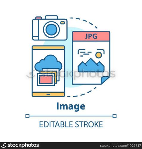 Image concept icon. Visual information idea thin line illustration. Pictures and photos. Files storage. Albums, photobooks and collages. Photographing. Vector isolated outline drawing. Editable stroke