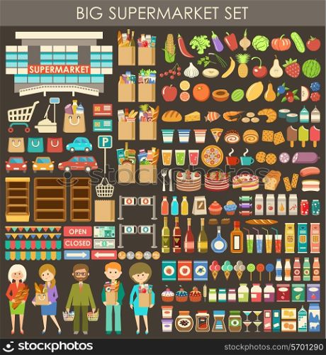 Image consisting of a set of products, people, and building a supermarket