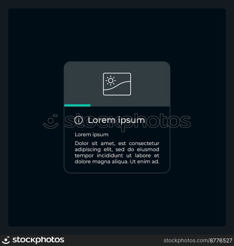 Image information UI element template. Editable isolated vector dashboard component. Flat user interface. Visual data presentation. Web design widget for mobile application with dark theme. Image information UI element template