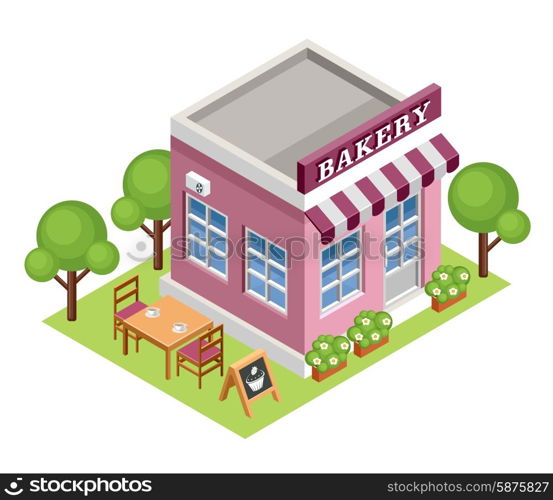 Image isometric bakery, standing on the grass. Vector illustration