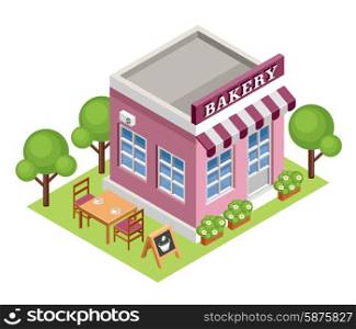 Image isometric bakery, standing on the grass. Vector illustration
