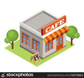 Image isometric cafe, standing on the grass. Vector illustration
