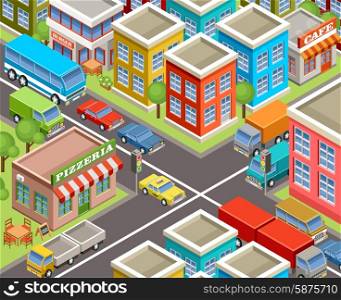 Image isometric city, road, cars, houses. Vector illustration