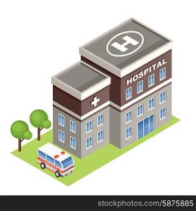 Image isometric hospital., standing on the grass.Vector illustration
