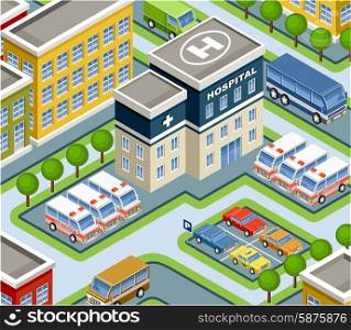 Image isometric hospital, street, cars and houses. Vector illustration